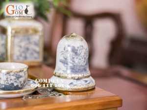 Bộ ấm chén dáng nhật vẽ sen men rạn cổ bọc đồng, đầy đủ phụ kiện