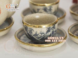 Bộ ấm chén dáng quả đào men rạn cổ bọc đồng, in logo