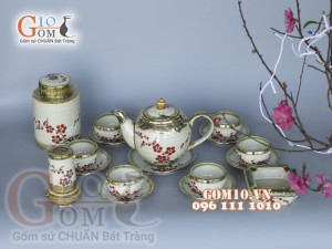 Bộ ấm chén dáng quả đào men vuốt vẽ Đào bọc đồng, đầy đủ phụ kiện