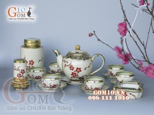 Bộ ấm chén dáng quả đào men vuốt vẽ Đào bọc đồng, đầy đủ phụ kiện