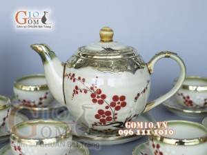 Bộ ấm chén dáng quả đào men vuốt vẽ Đào bọc đồng, đầy đủ phụ kiện