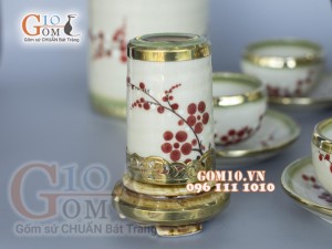 Bộ ấm chén dáng quả đào men vuốt vẽ Đào bọc đồng, đầy đủ phụ kiện