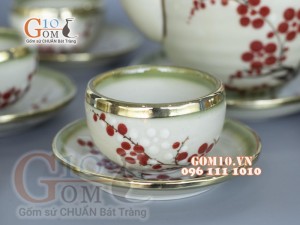 Bộ ấm chén dáng quả đào men vuốt vẽ Đào bọc đồng, đầy đủ phụ kiện