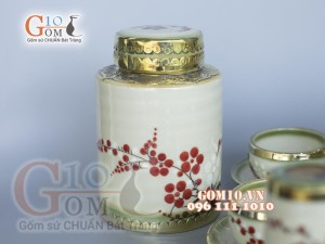 Bộ ấm chén dáng quả đào men vuốt vẽ Đào bọc đồng, đầy đủ phụ kiện