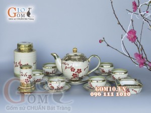 Bộ ấm chén dáng quả đào men vuốt vẽ Đào bọc đồng, đầy đủ phụ kiện