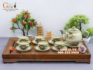 Bộ ấm chén dáng quả đào men vuốt vẽ hoa Phù Dung, 500ml