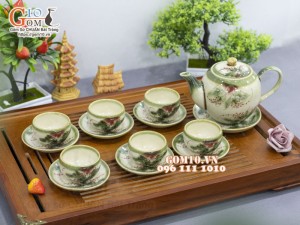 Bộ ấm chén dáng quả đào men vuốt vẽ hoa Phù Dung, 500ml