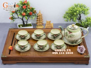 Bộ ấm chén dáng quả đào men vuốt vẽ hoa Phù Dung, 500ml