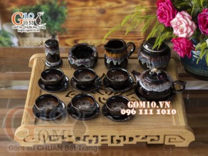 Bộ ấm chén dáng quả hồng đỏ men hỏa biến, đầy đủ phụ kiện 300ml