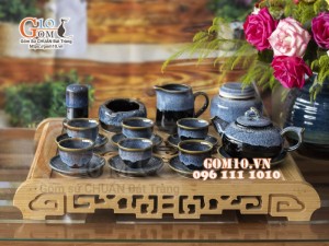 Bộ ấm chén dáng quả hồng men hỏa biến cẩm thạch 300ml