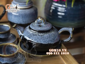 Bộ ấm chén dáng quả hồng men hỏa biến cẩm thạch 300ml