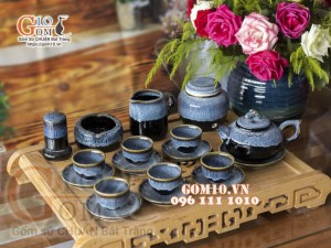 Bộ ấm chén dáng quả hồng men hỏa biến cẩm thạch 300ml