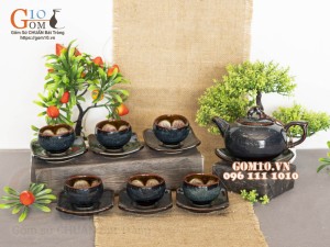 Bộ ấm chén dáng quả hồng men hỏa biến chén lòng hoa, 350ml