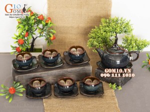 Bộ ấm chén dáng quả hồng men hỏa biến chén lòng hoa, 350ml