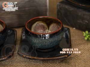 Bộ ấm chén dáng quả hồng men hỏa biến chén lòng hoa, 350ml