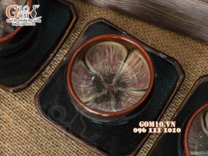 Bộ ấm chén dáng quả hồng men hỏa biến chén lòng hoa, 350ml