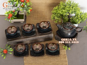 Bộ ấm chén dáng quả hồng men hỏa biến chén lòng hoa, 350ml