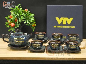 Bộ ấm chén dáng quả hồng men hỏa biến chén lòng hoa in logo quà tặng, 350ml