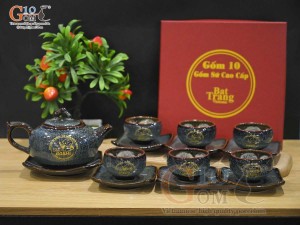 Bộ ấm chén dáng quả hồng men hỏa biến chén lòng hoa in logo quà tặng, 350ml