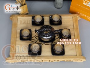 Bộ ấm chén dáng quả hồng men hỏa biến gấm quẹt màu mật ong