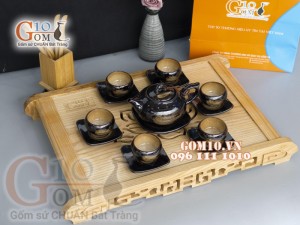 Bộ ấm chén dáng quả hồng men hỏa biến gấm quẹt màu mật ong