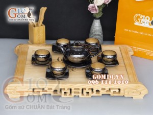 Bộ ấm chén dáng quả hồng men hỏa biến gấm quẹt màu mật ong