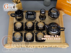Bộ ấm chén dáng quả hồng men hỏa biến gấm quẹt màu mật ong, đầy đủ phụ kiện