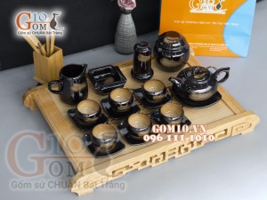 Bộ ấm chén dáng quả hồng men hỏa biến gấm quẹt màu mật ong, đầy đủ phụ kiện