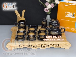 Bộ ấm chén dáng quả hồng men hỏa biến gấm quẹt màu mật ong, đầy đủ phụ kiện