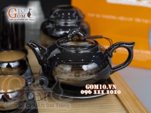Bộ ấm chén dáng quả hồng men hỏa biến gấm quẹt màu mật ong, đầy đủ phụ kiện