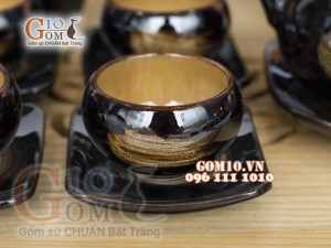 Bộ ấm chén dáng quả hồng men hỏa biến gấm quẹt màu mật ong, đầy đủ phụ kiện