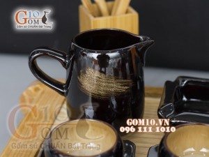Bộ ấm chén dáng quả hồng men hỏa biến gấm quẹt màu mật ong, đầy đủ phụ kiện