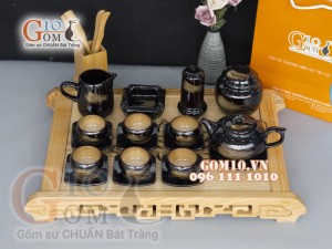 Bộ ấm chén dáng quả hồng men hỏa biến gấm quẹt màu mật ong, đầy đủ phụ kiện