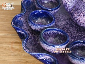 Bộ ấm chén dáng quả hồng men hoả biến tím khay lá sen