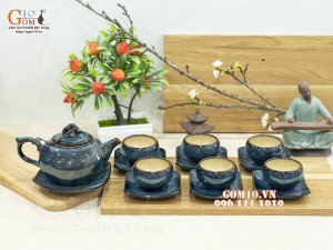 Bộ ấm chén dáng quả hồng men hỏa biến xanh đá