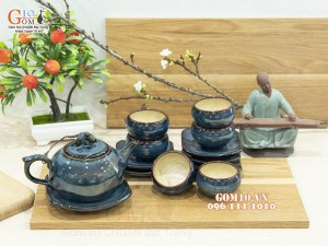 Bộ ấm chén dáng quả hồng men hỏa biến xanh đá