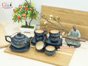 Bộ ấm chén dáng quả hồng men hỏa biến xanh đá