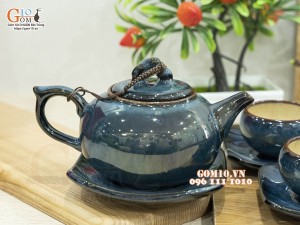 Bộ ấm chén dáng quả hồng men hỏa biến xanh đá