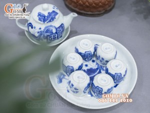 Bộ ấm chén dáng quả hồng men lam cổ vẽ Mai Thọ khay tròn, 280ml