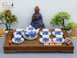 Bộ ấm chén dáng quả hồng men lam cổ vẽ Mai Thọ, 280ml