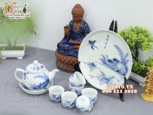 Bộ ấm chén dáng quả hồng men lam cổ vẽ Phi Minh Túc Thực khay tròn, 280ml