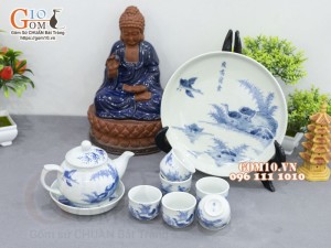 Bộ ấm chén dáng quả hồng men lam cổ vẽ Phi Minh Túc Thực khay tròn, 280ml