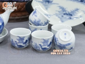 Bộ ấm chén dáng quả hồng men lam cổ vẽ Phi Minh Túc Thực khay tròn, 280ml