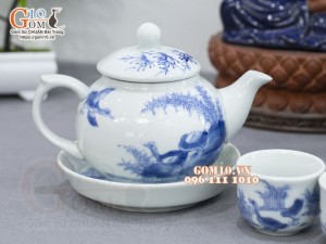 Bộ ấm chén dáng quả hồng men lam cổ vẽ Phi Minh Túc Thực khay tròn, 280ml