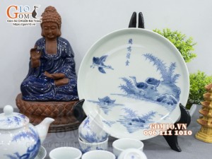 Bộ ấm chén dáng quả hồng men lam cổ vẽ Phi Minh Túc Thực khay tròn, 280ml