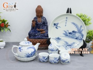 Bộ ấm chén dáng quả hồng men lam cổ vẽ Phi Minh Túc Thực khay tròn, 280ml