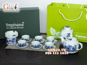 Bộ ấm chén dáng quả hồng men lam cổ vẽ Trúc Lâm Thất Hiền - cả phụ kiện