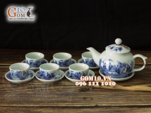 Bộ ấm chén dáng quả hồng men lam cổ, vẽ trúc lâm thất hiền 350ml