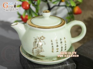 Bộ ấm chén dáng quả hồng men ngọc họa tiết Trúc Lâm Thất Hiền vẽ vàng, 300ml