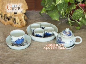 Bộ ấm chén dáng quả hồng men rong cổ - Vẽ vàng 24k